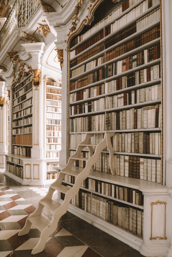 Regale vom Boden bios zur Decke mit Büchern gefüllt und prächtigen Fresken oben drauf