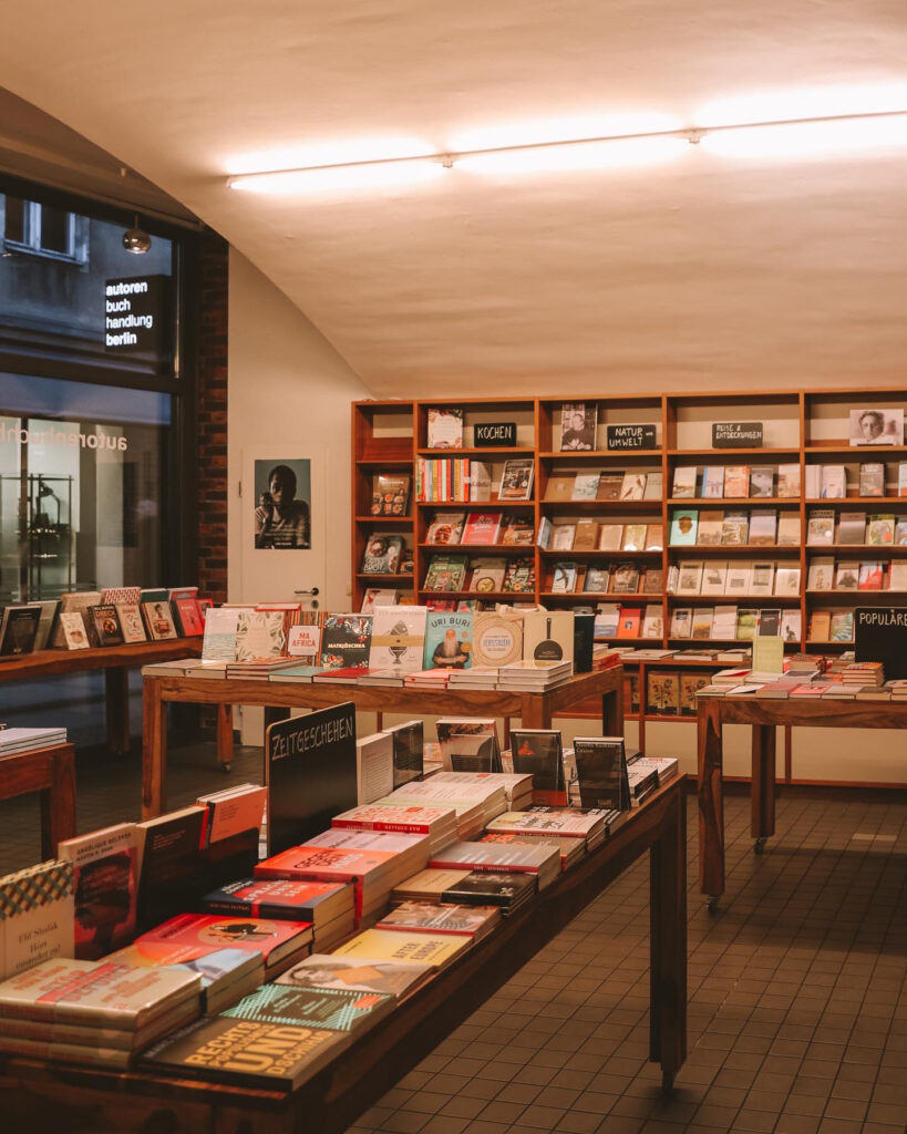 Looking at books in a calm, independent bookstore