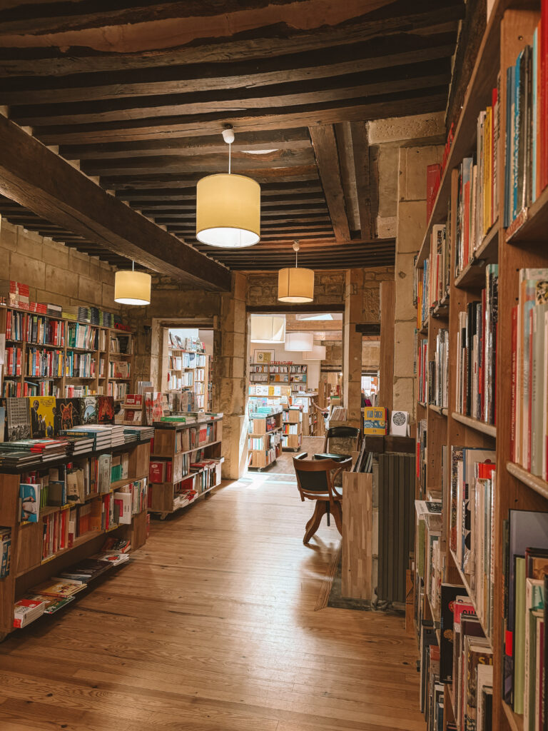Carefully curated bookshelves inside a bookshop in Caen