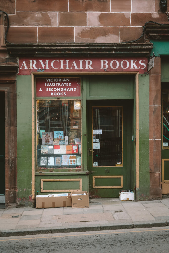Atmospheric second-hand bookshop Armchair Books in Edinburgh