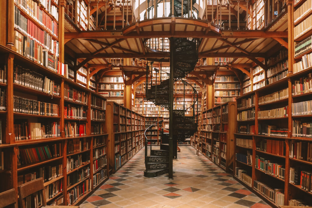 Maria Laach Abbey Library interior with historic bookshelves and monastic atmosphere