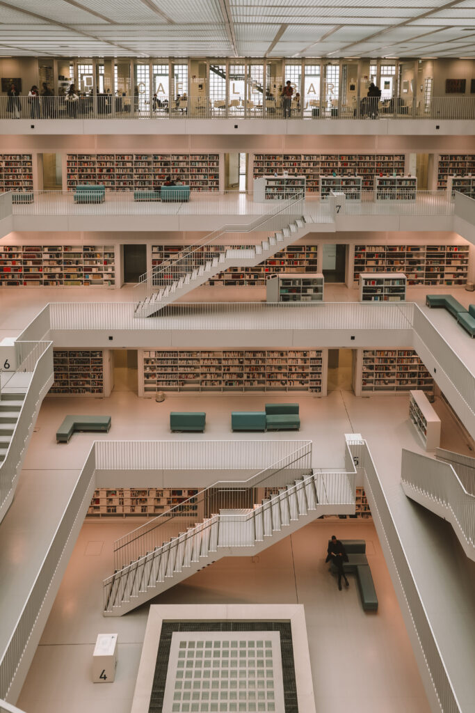 Stuttgart Public Library interior with white staircases and symmetrical modern design