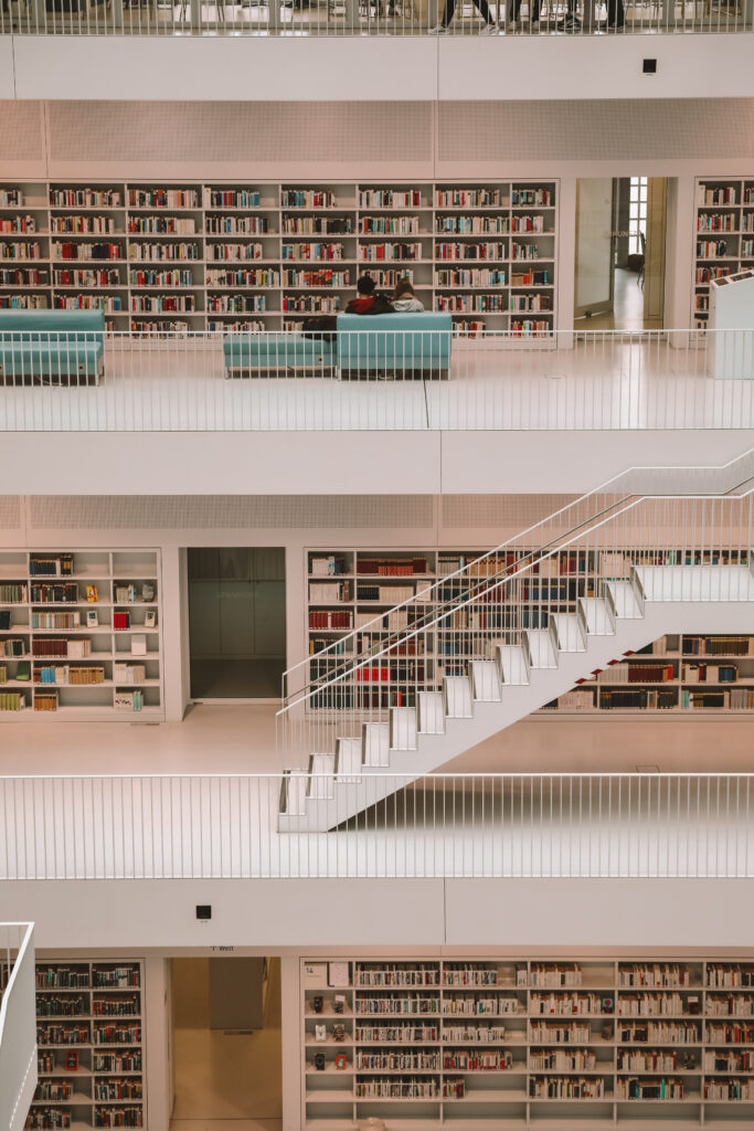 Stuttgart Public Library interior with white staircases and modern architecture one of the most beautiful libraries in Germany