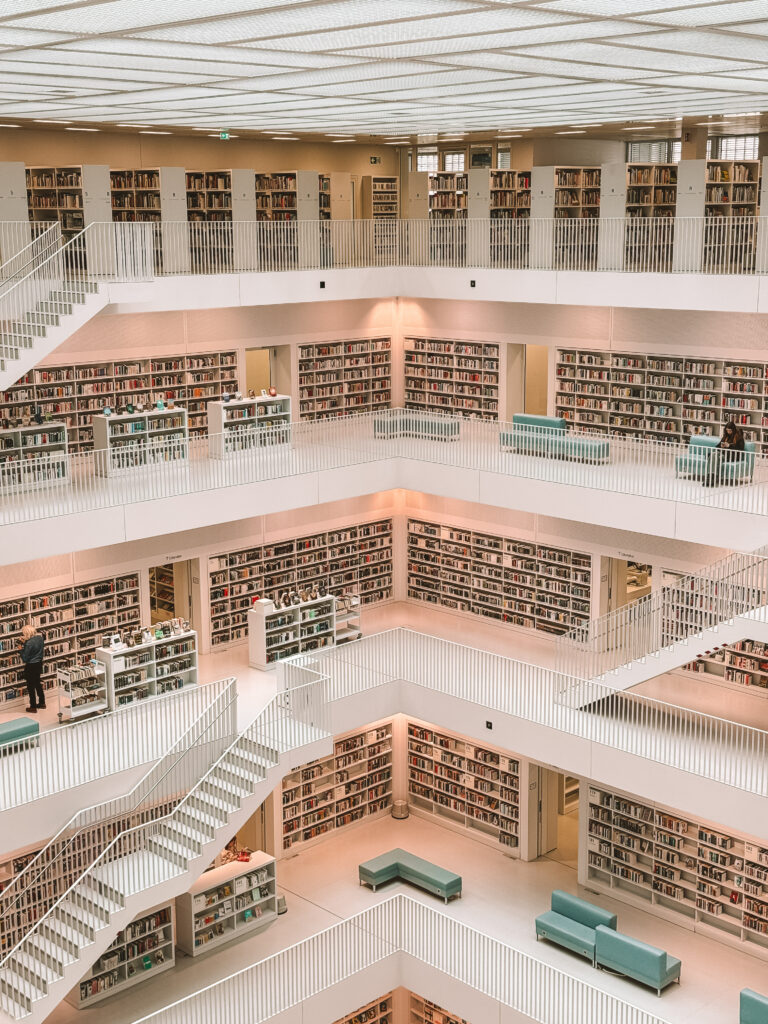 Minimalist interior of Stuttgart Public Library with symmetry and natural light