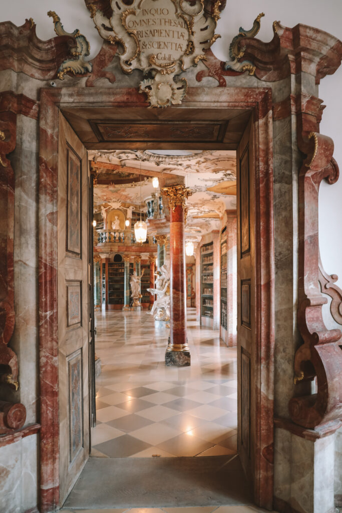 
Wiblingen Abbey Library with Rococo architecture and ornate ceiling fresco