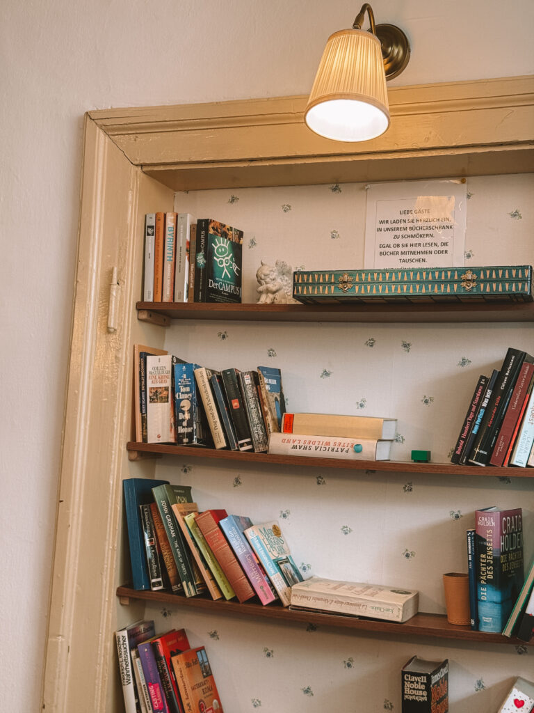 bookshelf at the café