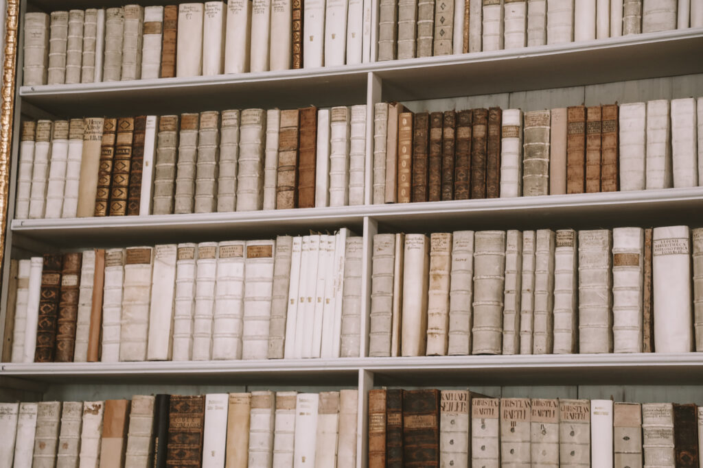 historic books in a bookshelf