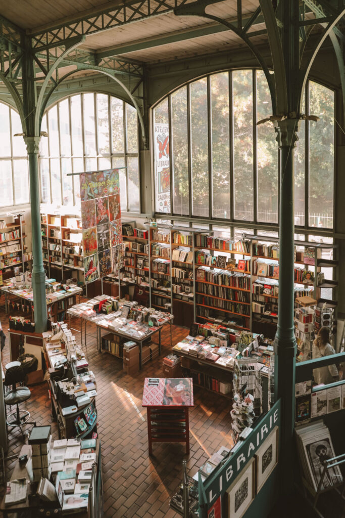 Bookshop window display in literary Paris