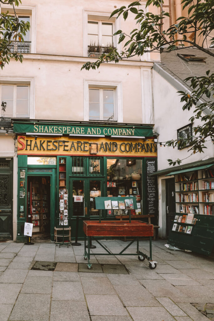 Exterior of Shakespeare and Company bookstore in Paris near the Seine