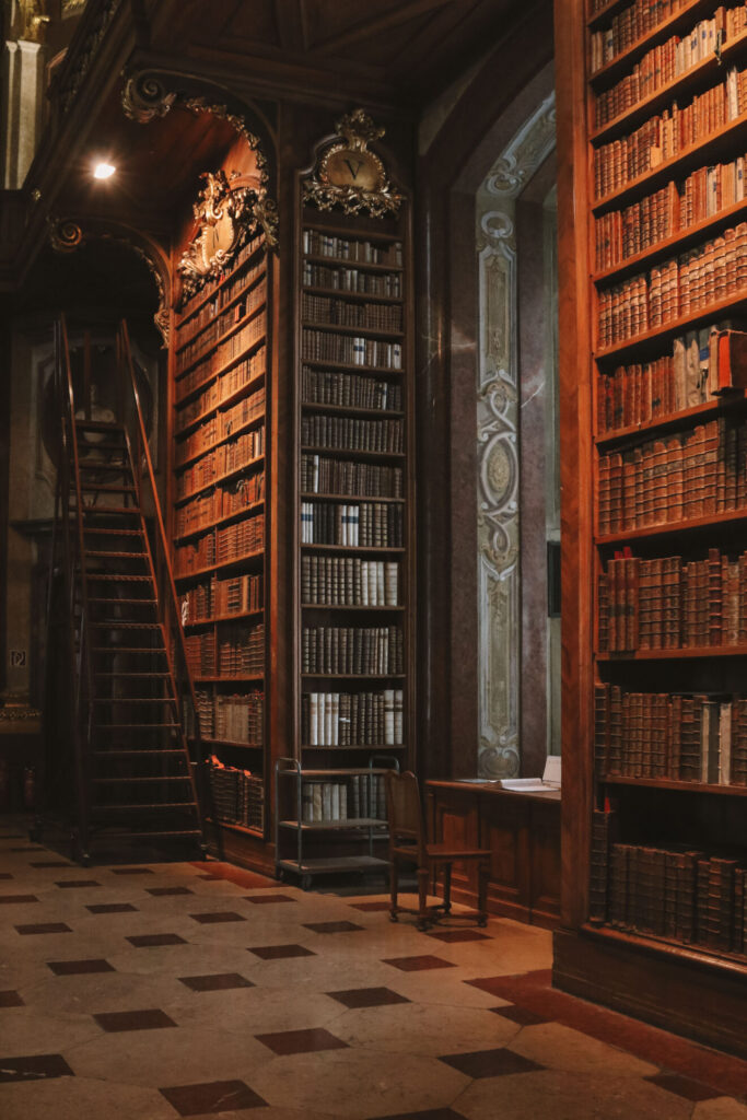 die Nationalbibliothek Österreichs zeigt hohe Regale gefüllt mit Büchern