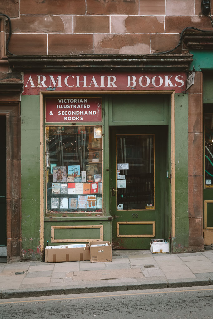 green shopfront of Armchair Books in Edinburgh 