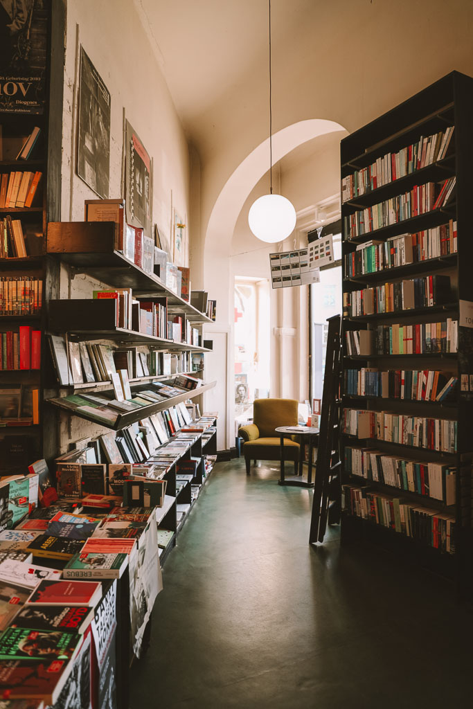 High bookshelves inside Der Zauberberg in Berlin