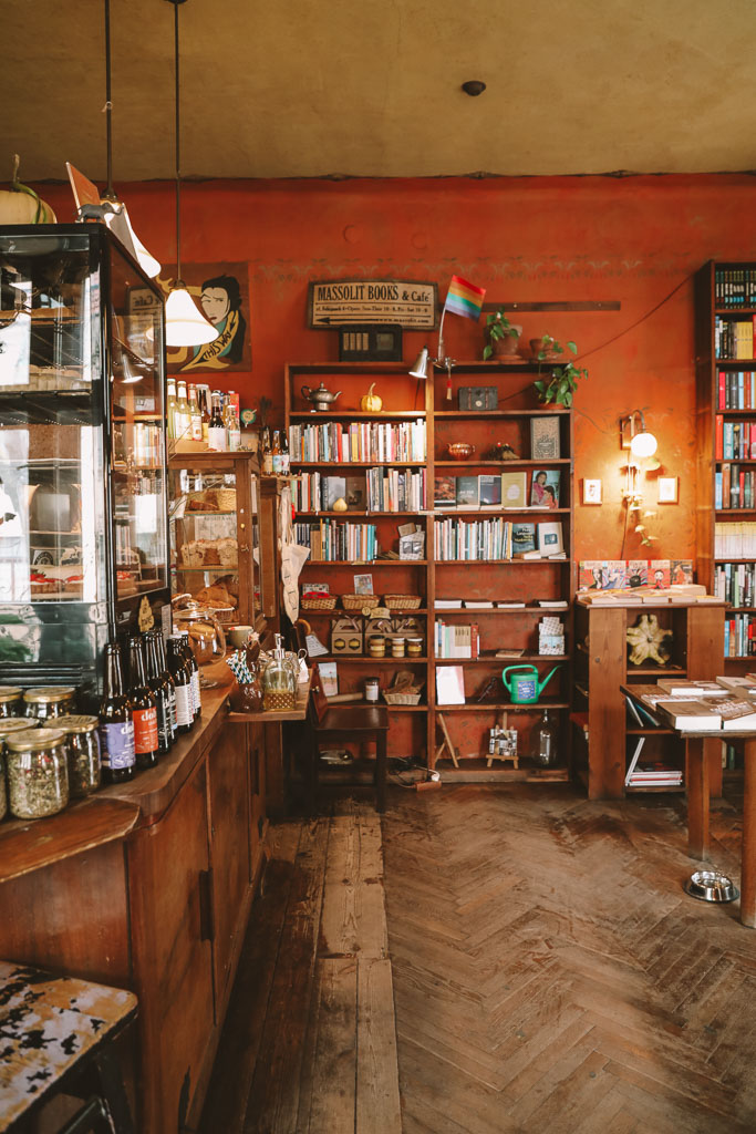 Book-filled rooms at Massolit Books and Café Kraków