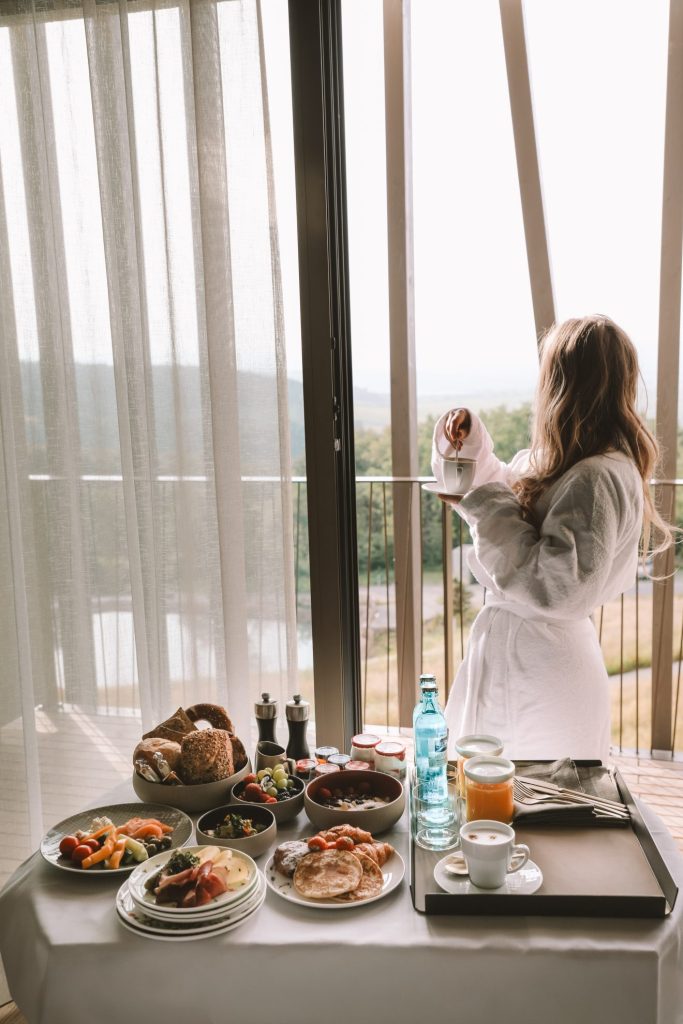 Hotel breakfast with coffee and a beautiful view, perfect for a slow morning