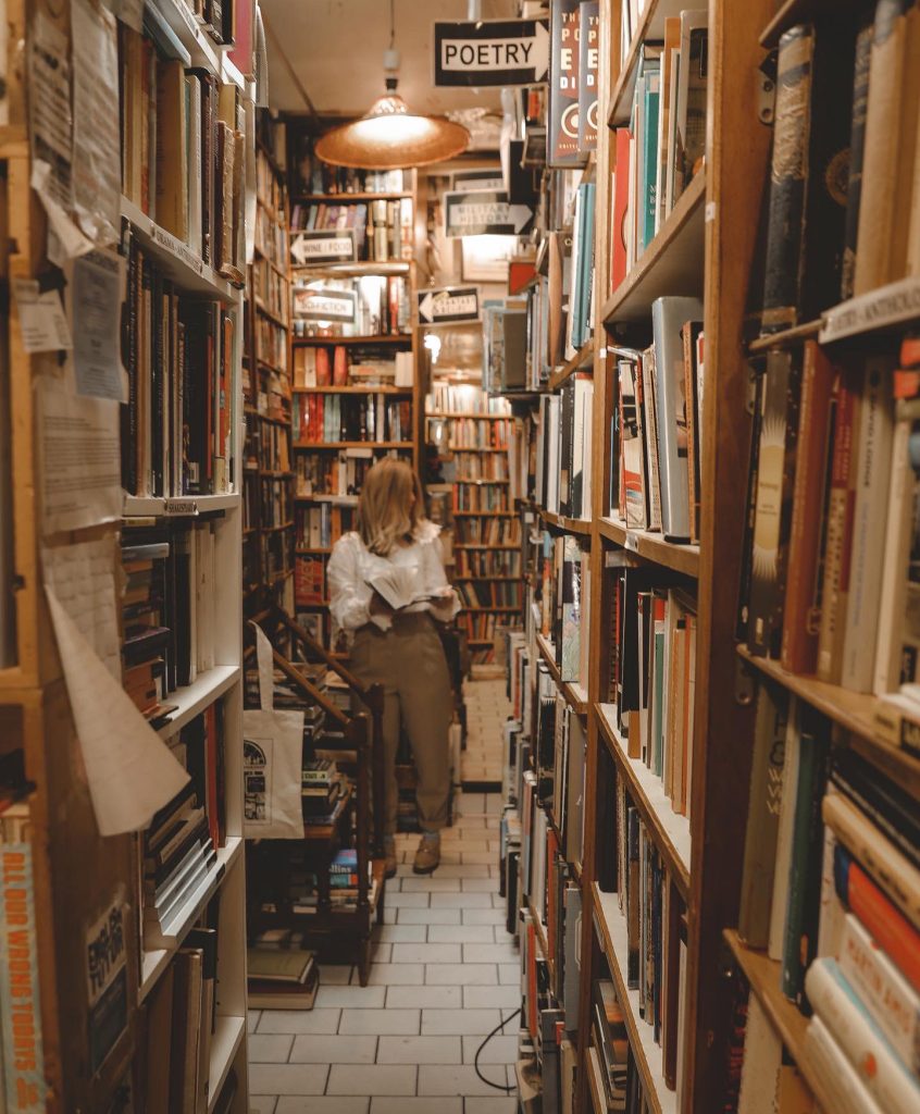 Atmospheric bookshop with beautiful old books and a romantic poetry section